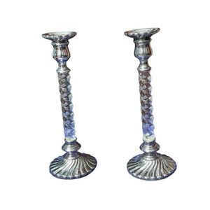 Vintage Hollywood Regency Glam Polished Pewter Lucite Twist Candle Stick Pair